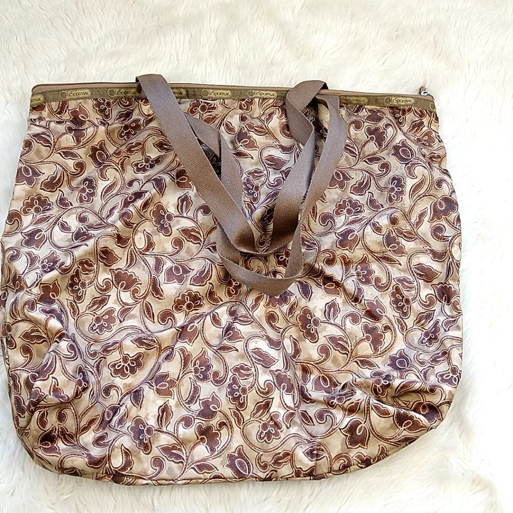 LeSportsac Shoulder Tote Bag Brown Floral Zip Pocket Canvas - Picture 2 of 3